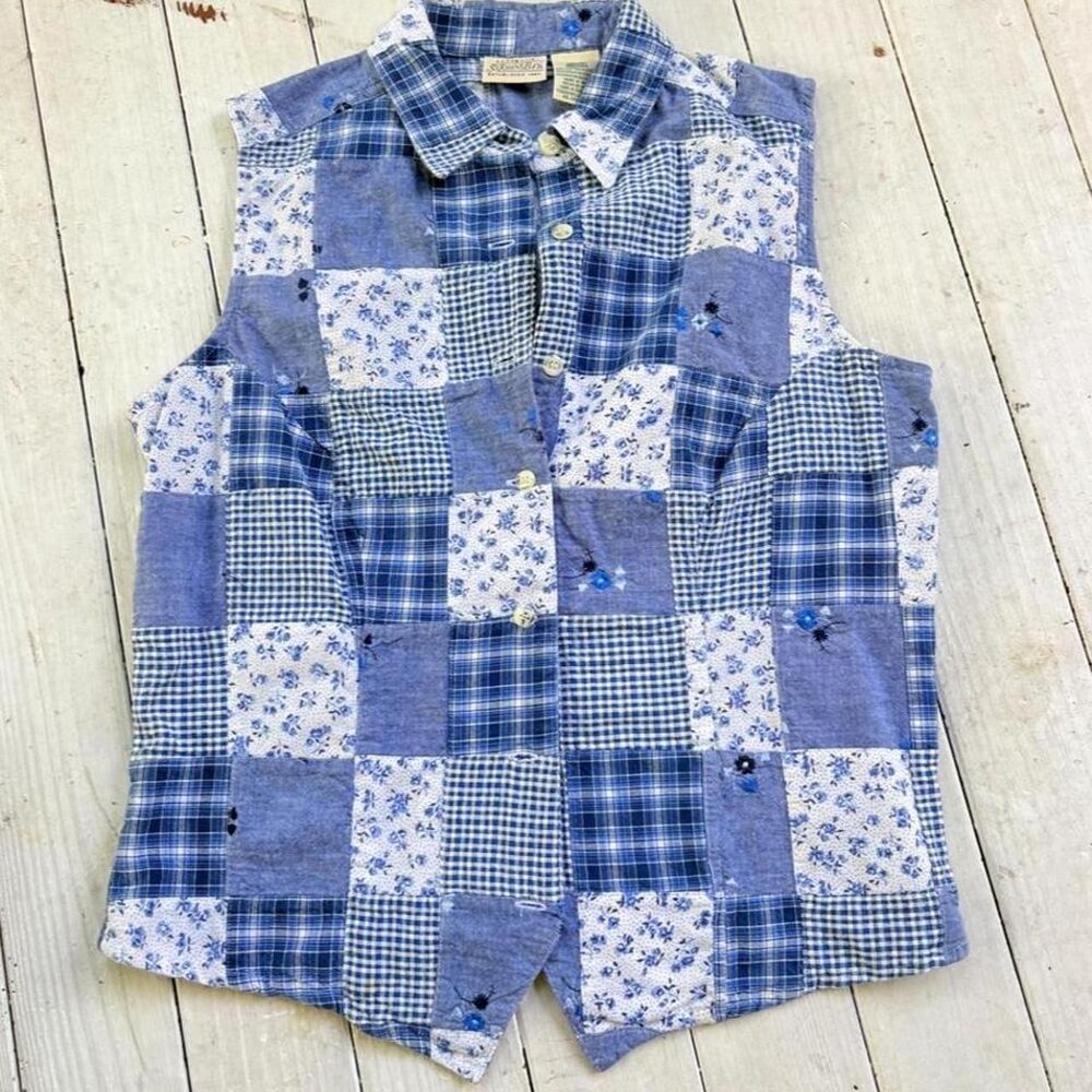 Vintage St. John's Bay Blue & White Patchwork Cotton Vest Medium